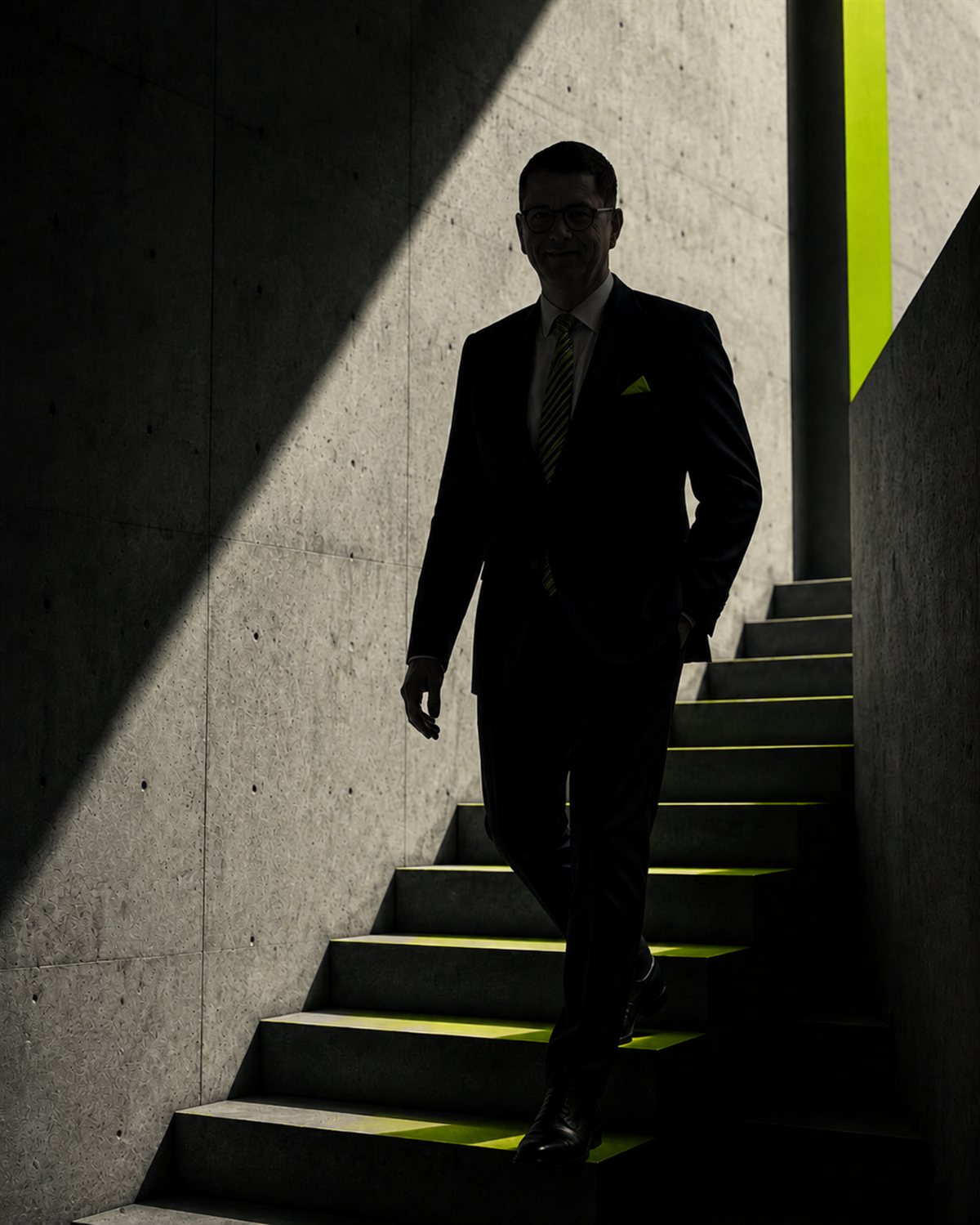 Christian Haberl auf einer Betontreppe mit acid-grünen Stufen